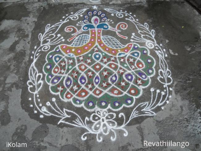 Rangoli: Rev's on the spot  kolam, Peacock chikku combined.