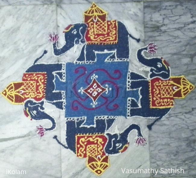 Rangoli: Elephant rangoli with 19-1straight dots.