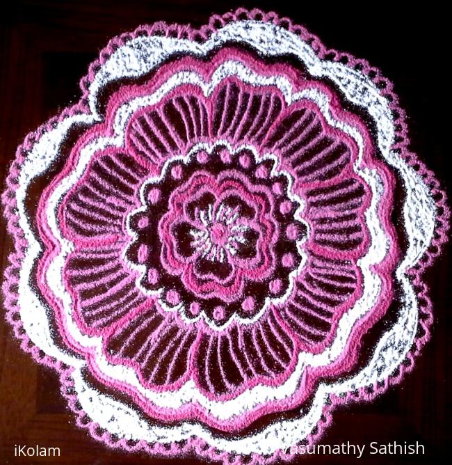 Rangoli: Beginner's freehand flower rangoli with kolamavu and pink colour