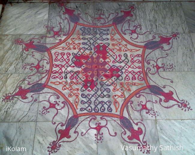 Rangoli: Chikku kolam  with 15 dots 5 lines till 5 straight dots