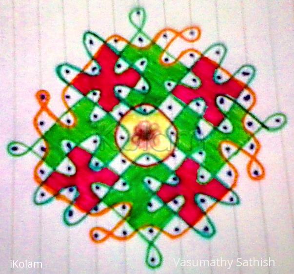 Rangoli: Chikku kolam with 11×1;9×2;7×1;5×1;1×1 straight dots.