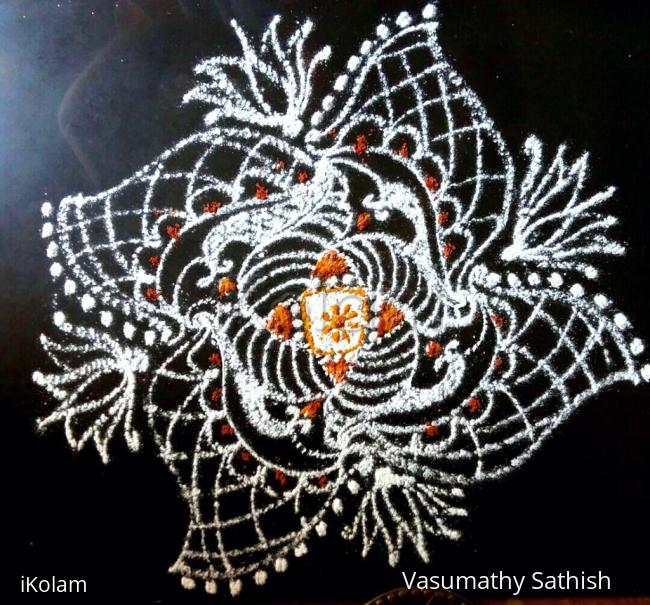 Rangoli: Freehand Pooja kolam with rice flour, haldi n Kumkum 