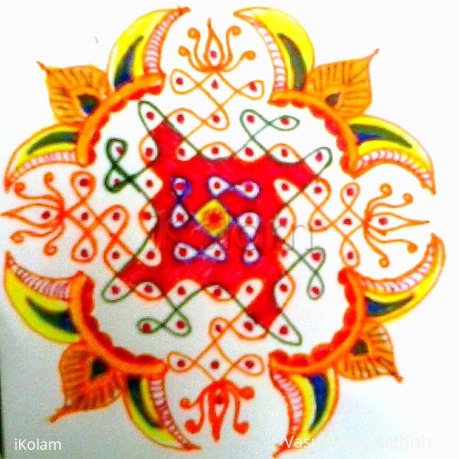 Rangoli: Chikku kolam with 11-1 straight dots.