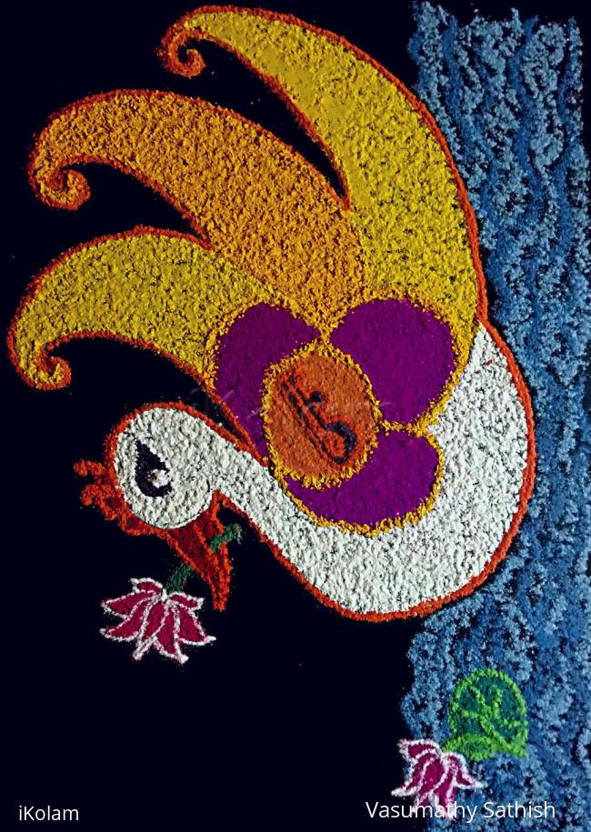 Rangoli: Freehand Swan in pond with Lotus rangoli