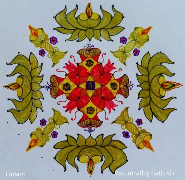 Rangoli: Lotus Diyas with Kuththu Vilakku Rangoli for Karthigai.  Dot count  15×5; till 5 Straight dots 