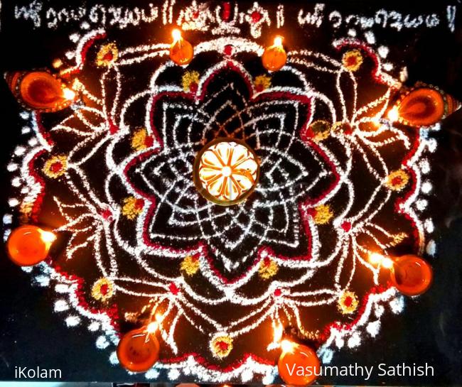 Rangoli: Hridaya Kamalam with Diyas for Karthigai in pooja slab 