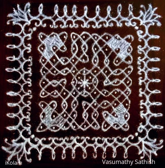 Rangoli: Chikku Kolam with 9-9 straight dots  simple dotted border design