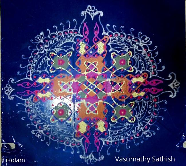 Rangoli: Margazhi Day 6 Kolam - Chikku with 14×2;12×2;10×3;4×2;2×1 straight dots.