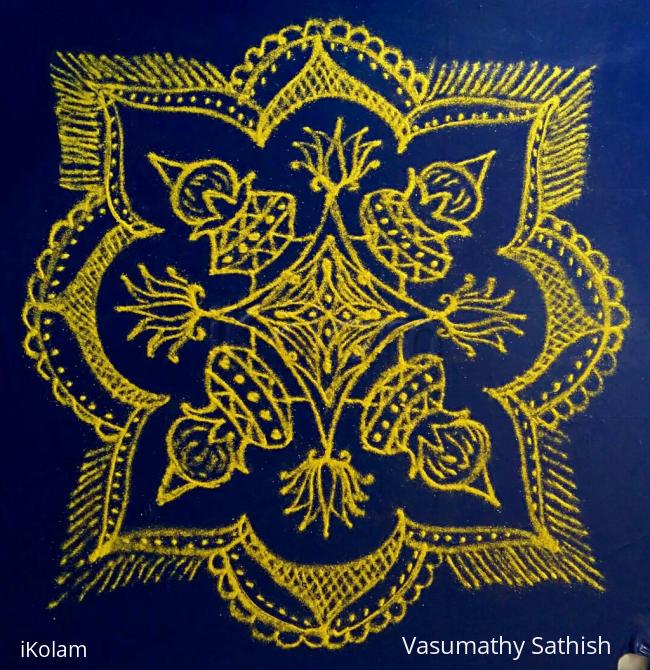 Rangoli: Happy Bhogi to all.  Margazhi Day 29 Kolam - A freehand Padi kolam design with yellow colour on  blue plastic cover. 