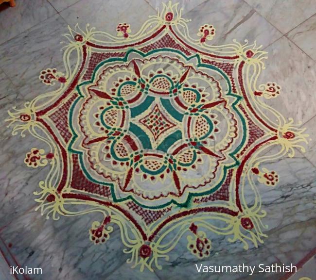 Rangoli: Thai Velli  - 2 Padi Kolam with rice batter n colours 