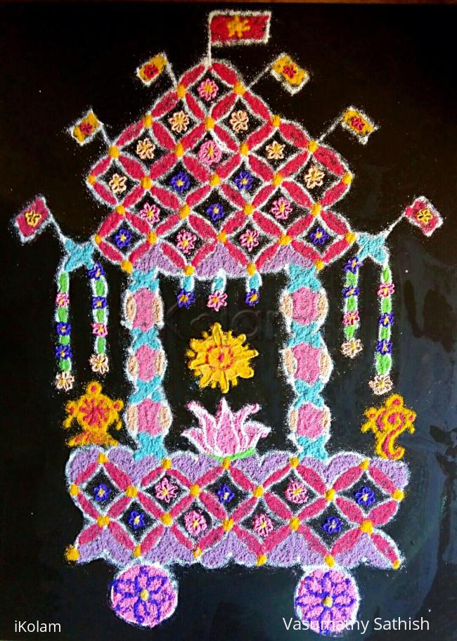 Rangoli: Ratha Saptami kolam in Dotted Pattern .  Dot Count from bottom 11×1;9×1;11×2;7×6;11×2;7×1;9×1;7×1;5×1;3×1;1×1. Straight dots. 