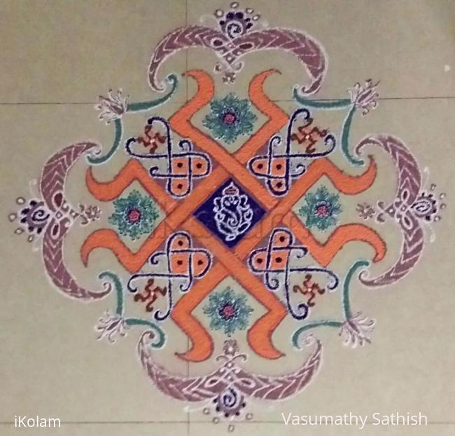 Rangoli: Dotted Ganesha Rangoli with colours 13×5 till 5 straight dots