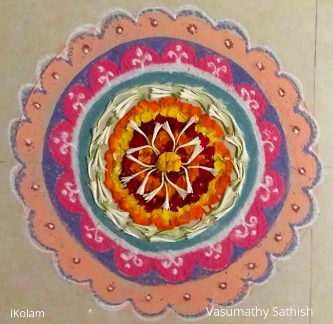 Rangoli: Pookolam # 011with freehand outer design with colours.