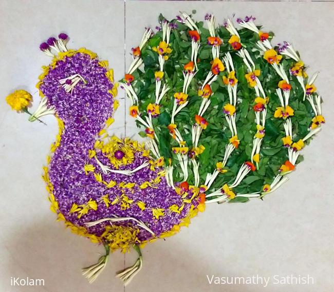 Rangoli: Pookolam 012 - Peacock with fresh flowers.