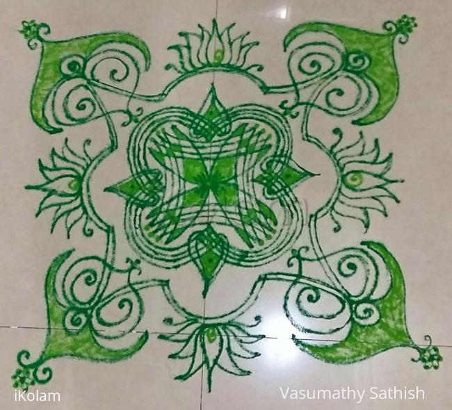 Rangoli: NAVARATHIRI Day 7 Padi Kolam in Green Colour