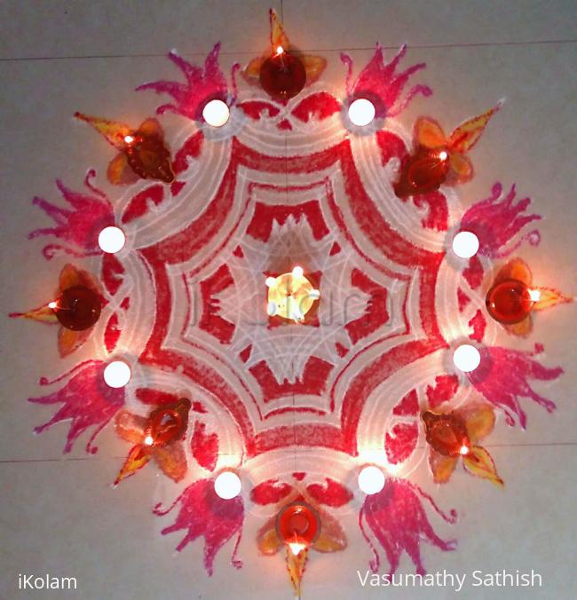 Rangoli: Iyengar Padi Kolam with diyas for Karthigai