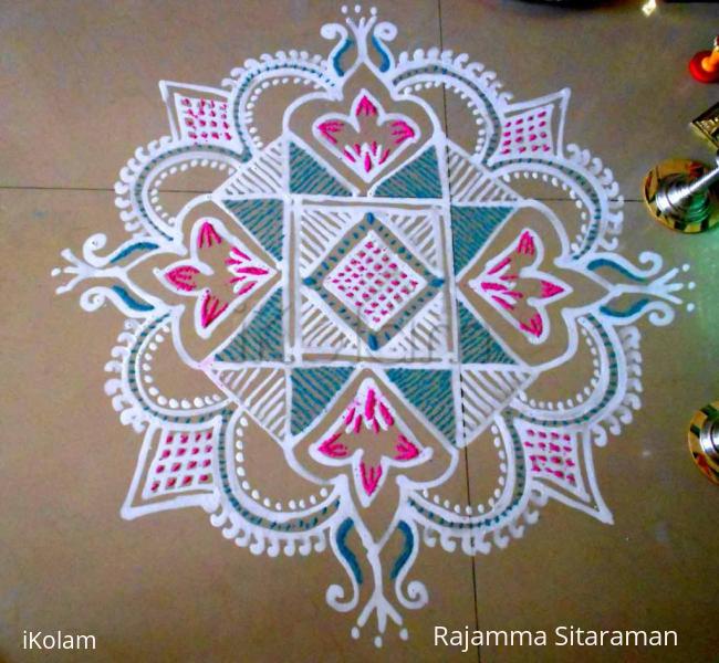 Rangoli: Navrathri- Pink/blue kolam for Navami and Dasami days.