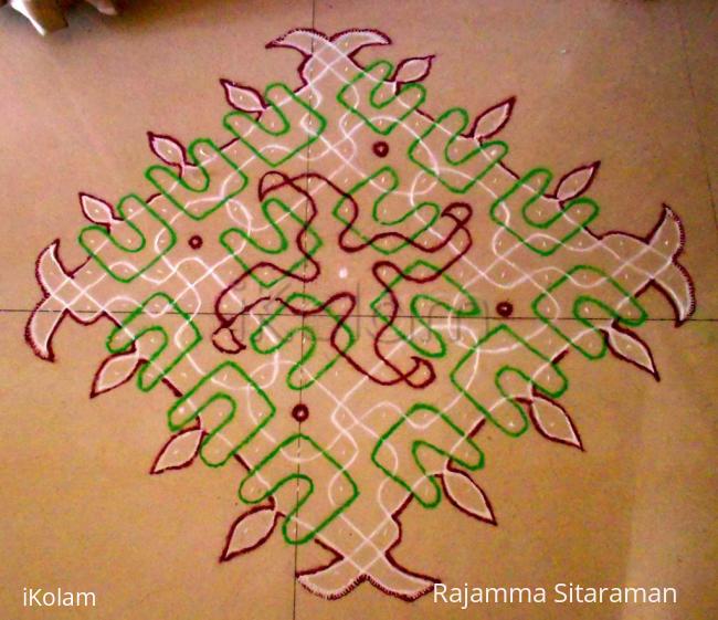 Rangoli: Maroon/green/white chikku kolam